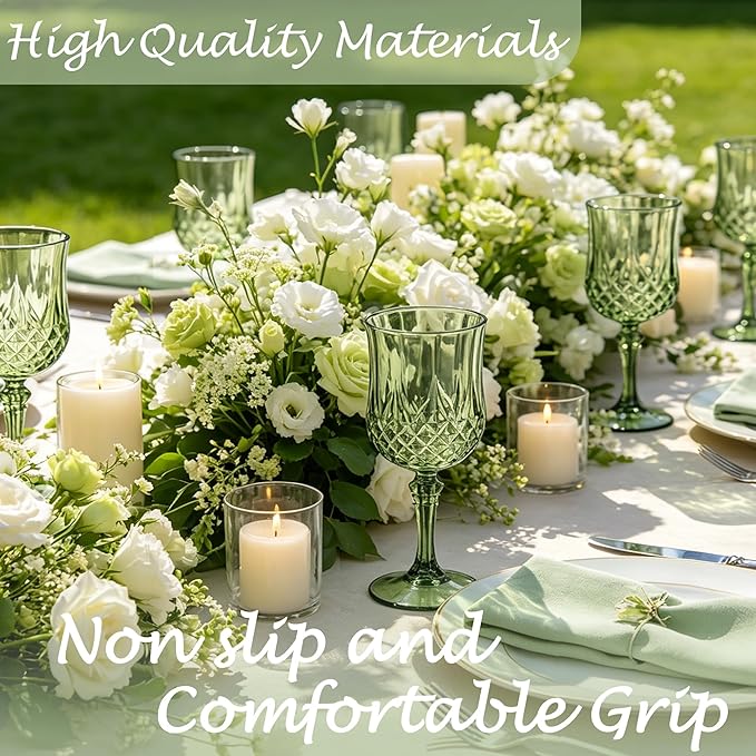 Plastic Wine Glasses, Plastic Goblets Vintage Style Cordial Unbreakable Drinking Glasses, Reusable Drinkware for Wedding Reception, Grand Event Party Supplies (48, New Green)