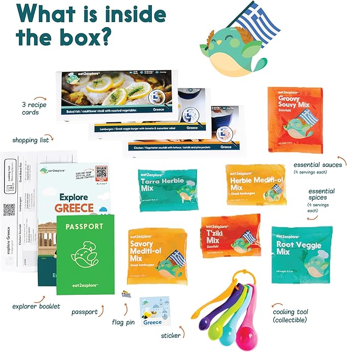 eat2explore Cooking Kits for Kids 15 Pcs – Interactive & Educational Kids Cooking Sets Real for Ages 5 and Up,3 Recipe Cards & Global Ingredients – Perfect for Families and Homeschooling (Greece)