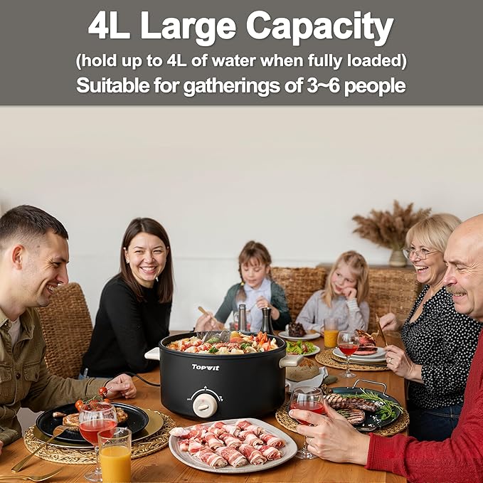 TOPWIT Hot Pot Electric, 4L Electric Pot with Non-Stick Coating, Dual Power Electric Cooker for Deep Frying, Steak, Pasta, Multi-Functional Large Capaity Shabu Shabu Pot for Party, Dark Black