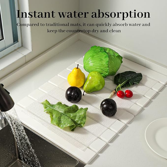 Large Stone Drying Mat for Kitchen Counter, 24''L x 16''W Diatomaceous Earth Collapsible Dish Drying Mat, Quick Drying Mat, Glasses and Flatware, Matches Any Countertop (White, 24'' x 16'')