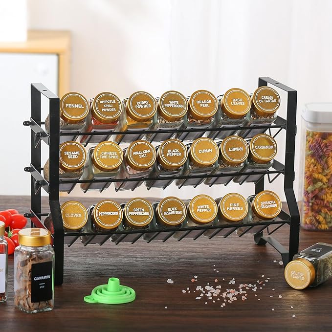 Glass Spice Jars with Label, 24Pcs Spice Jars with Shaker Lids-4 oz Gold Spice Seasoning Jars Bottles Containers Set for Spice Rack (24)