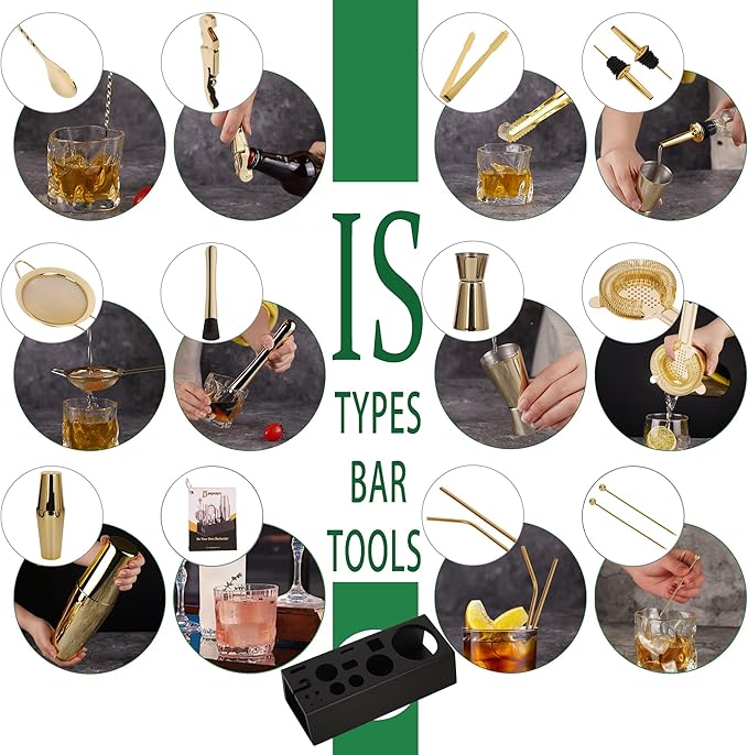 Cocktail Shaker Set Bartender Kit with Bamboo Stand, 15-Piece Stainless Steel Bar Set Accessories, Professional Bartending Kit Home Bar Tools Set with Recipes (Gold, Black Stand)