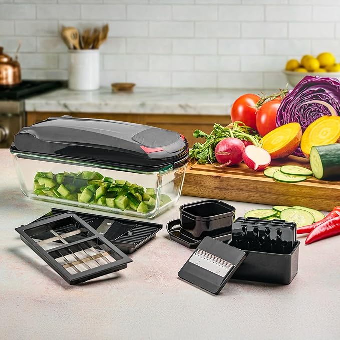 Le'raze 13-in-1 Vegetable Chopper Pro with Glass Container, Stainless Steel Blades, BPA-Free, Mandoline Slicer, Manual