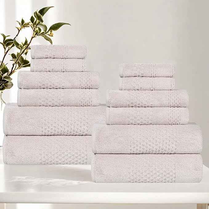 Superior Playa Zero Twist Cotton Medium Weight Towels, For Guest Bath, Bathroom, Shower, Spa, Plush, Quick Dry, Ultra-Soft Towels, Bath Essentials, Waffle Textured, 12 Piece Assorted Towel Set, Silver