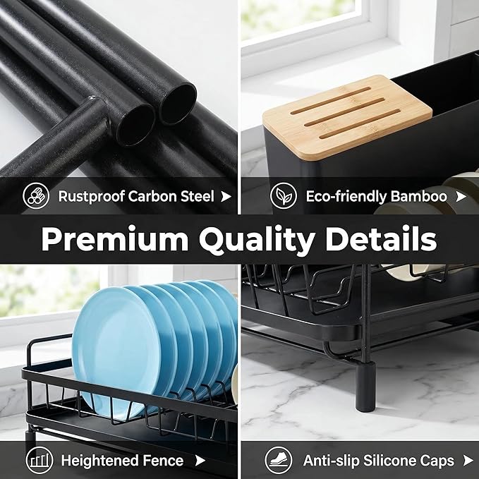 Large Extendable Dish Drying Rack with Bamboo Knife Holder, Rustproof Dish Drainer for Kitchen Counter, Adjustable 19"-27", Black