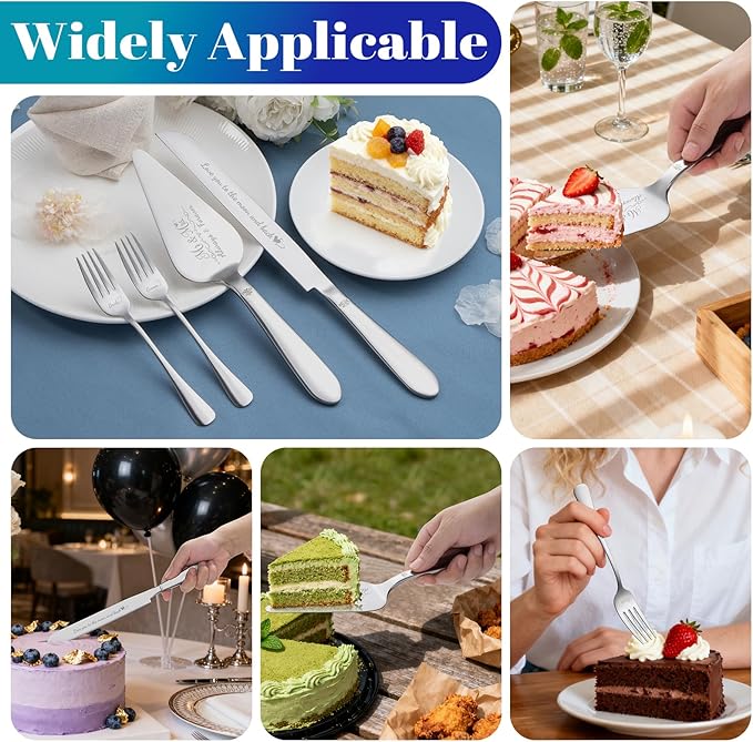 Eisinly Cake Cutting Set for Wedding, Elegant Cake Knife and Server Set with Stainless Steel Forks, Cake Cutter and Pie Spatula for Engagements, Anniversary, Bride and Groom, 4 Pcs, Silver