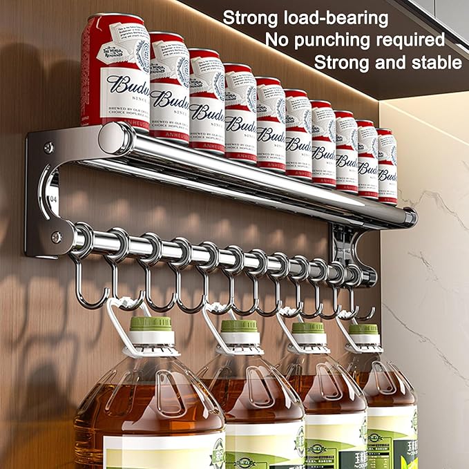 Silver 40CM+8Hook Modern Kitchen Utensil Hanger, Space-Saving Wall Mount Knife Wall Mount, Kitchen Storage Shelf with Hooks, Easy to Clean