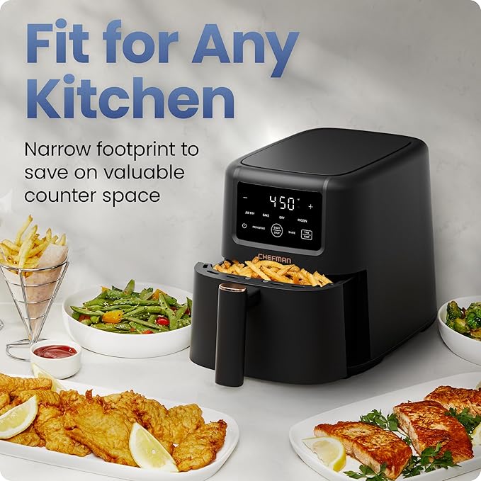 Chefman Air Fryer – 4-in-1 Slim 3.5 QT Airfryer, Air Fry, Bake, Dehydrate, Frozen, 450°F Max Temp for Extra Crispy Results in Minutes, Nonstick Ceramic Coating, Dishwasher-Safe Accessories - Black