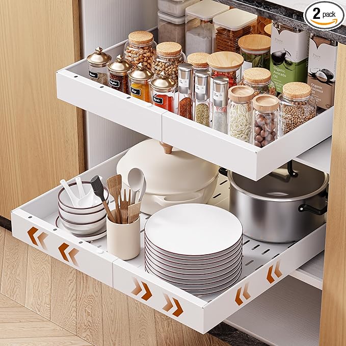 OneDream 2 Pack Pull Out Cabinet Organizer, 21" Deep Slide Out Drawers for Kitchen Cabinets, No Drill Adhesive Pull Out Drawers for Cabinets, Roll Out Shelves Adjustable Width 12.05"-20.4"