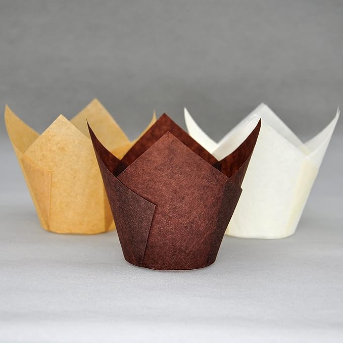 (JUMBO EXTRA LARGE size) Natural+Brown+White Tulip Baking Cups 2-1/4"(Base diameter) x 3-3/4"(Wall height) Greaseproof paper baking cupcake Muffin liners, Case of 130 pcs