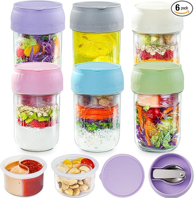 Miuyhji 6 Pack Overnight Oats Containers with Lids and Folding Spoons 16oz, Glass Mason Jars with Divided Compartments, Chia Pudding Jars for Oatmeal Meal Prep