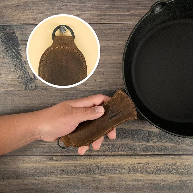 Hot Handle Panhandle with Half Ring, Potholder, Cookware Slides On/Off Easily onto Metal Skillet Grips, Full Grain Leather, Handmade, Bourbon Brown