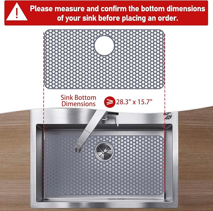 Bestjing Silicone Sink Protectors for Kitchen Sink with Rear Drain - 28.3"x 15.7" Kitchen Protector Accessory, Non-Slip Heat Resistan Mat for Bottom of Farmhouse Stainless Steel Porcelain(Gray)