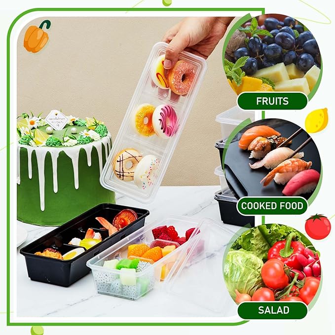Hushee 10 Pack 17 oz Small Meal Prep Containers with 3 Compartments Snack Containers with Lid Disposable Plastic Bento Box Travel Lunch Food Boxes Stackable for Office Picnic (Black,Clear)