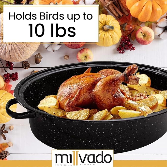 Millvado Granite Roasting Pan, 10 lb Capacity Turkey Roasting Pan with Lid, 15" Granite Oven Roaster Oval Shaped Speckled Enamel on Steel Cookware