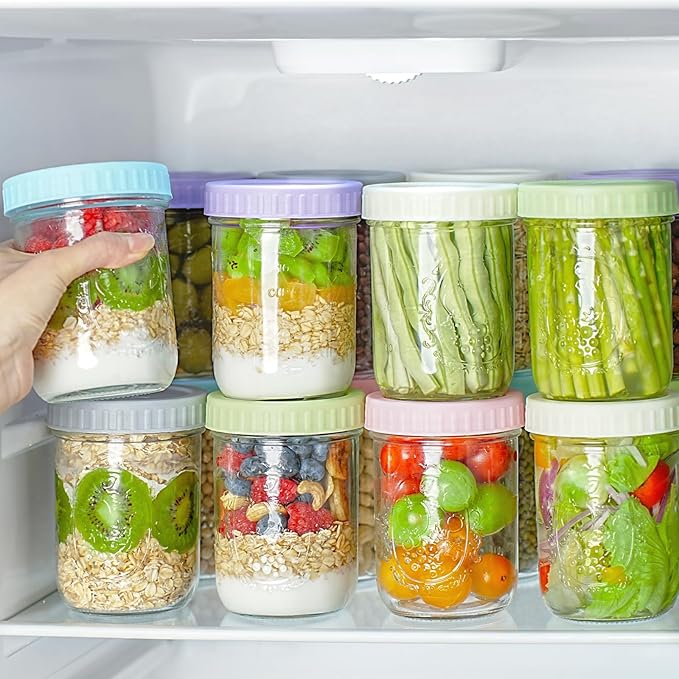 Miuyhji Overnight Oats Containers with Lids, 6-Pack Glass Mason Jars 16 oz with Lids Wide Mouth, Reusable Food Storage Containers for Snack, Chia Pudding, Yogurt, Meal Prep, Salad