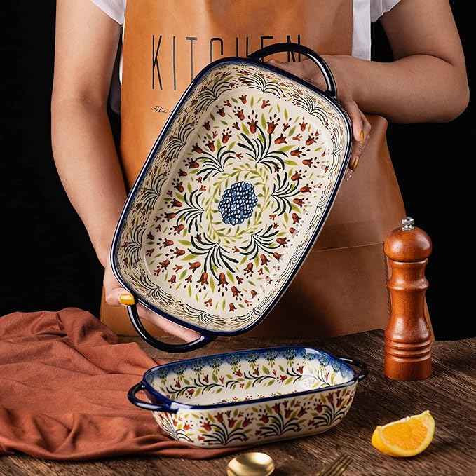 Baking Dish Ceramic Baking Pan Blue Casserole Dish Rectangular Baking Set 2pcs Bakeware Sets Single Serving Size Lasagna Pan Baking Dishes for oven (The tulip)
