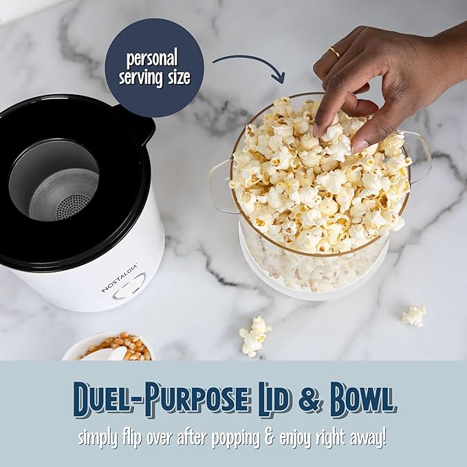Nostalgia 8-Cup Hot Air Popcorn Maker & Bowl - 2-In-1 Bowl & Lid, 2 oz Measuring Cup - Oil-Free Pop Corn for Movie Night, Snacks, Birthday Parties, and More - White
