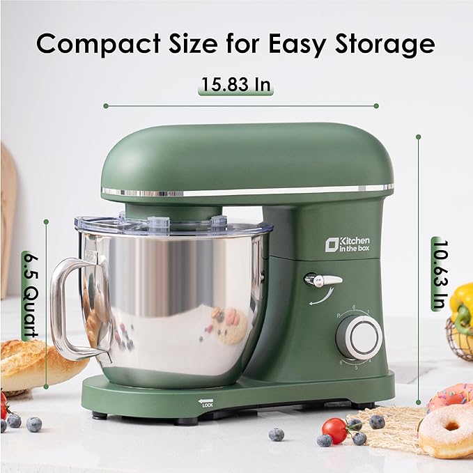 Kitchen in the box Stand Mixer - 6.5 Quart Mixing Bowl with Handle, 900 Watt Heavy Bread Dough Standing Mixers Tilt-head with Dough Hook, Whisk, Flat Beater and Splash Guard (Green)