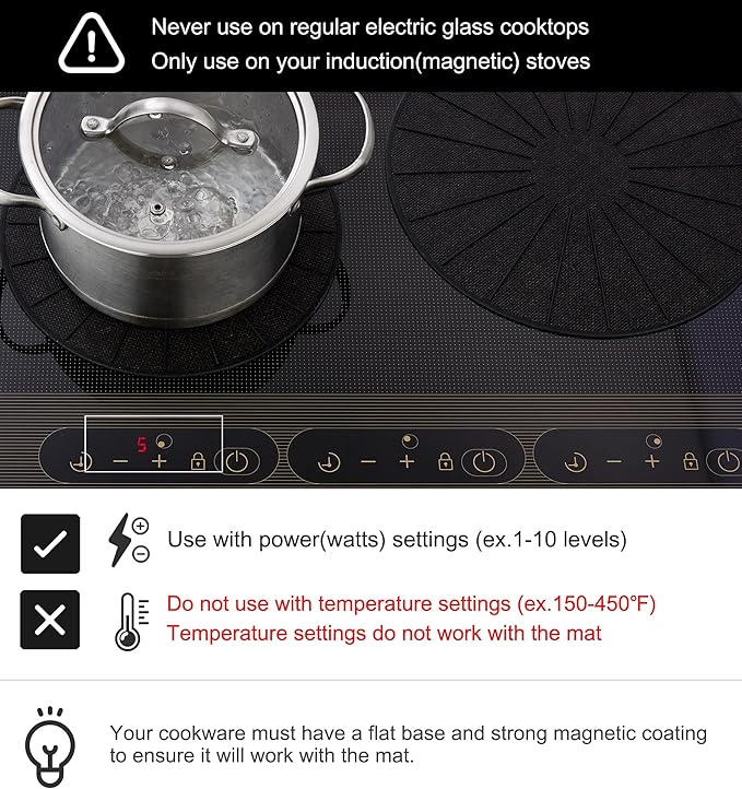 Lazy K Induction Cooktop Mat - Silicone Fiberglass Scratch Protector - for Magnetic Stove - Non Slip Pads to Prevent Pots from Sliding During Cooking_ Black (9.4inches)