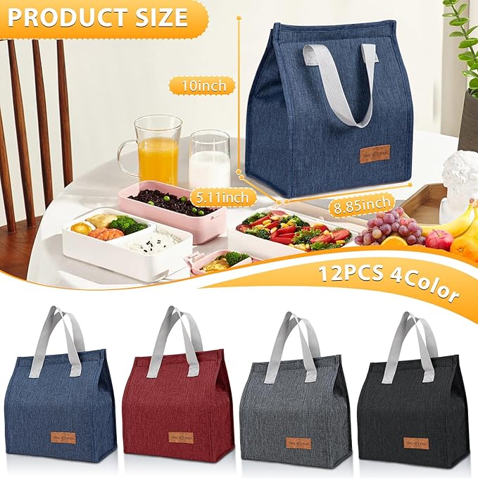 VZZNN 24 Pack Lunch Bags Bulk,Insulated Reusable Lunch Bags with Aluminum for Women Men,Leakproof Tote Large Lunch Box for Office,Work,Beach or Travel,Multicolor