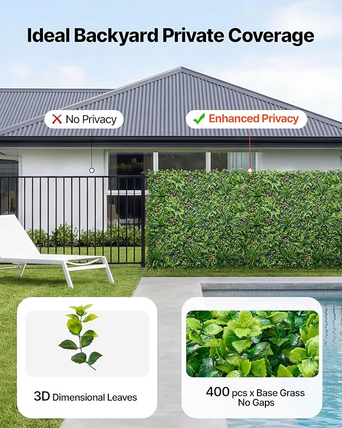VEVOR Artificial Plant Wall, 12PCS 20 x 20 in Artificial Boxwood Panels, Greenery Backdrop Privacy Hedge Fence with Sun Protection, Fake Grass Wall Screen for Wedding, Indoor, Garden，Mixed Leaf