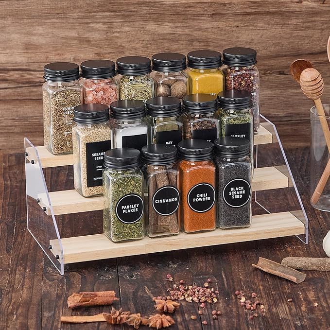 24 Glass Spice Jars with 576 Labels-Spice Jars with Black Metal Caps, 4oz Empty Square Spice Containers with Shaker Lids, Funnel, Pen, Seasoning Bottles for Spice Rack, Drawer, Cabinet