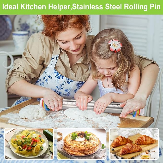 Rolling Pin with Thickness Rings and Red Silicone Baking Mat, Adjustable Stainless Steel Rolling Pins for Pasta or Sugar Decorating Cookies, Bread Making Tools Fondant Roller for Dough, Dumpling