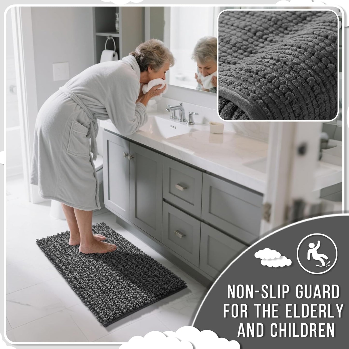 Yimobra Bathroom Runner Rug 60x24 Inch - Extra Long Non Slip Chenille Bath Mat, Soft & Absorbent, Machine Washable Shaggy Hallway Carpet for Vanity Tub Shower, Dark Gray Home Decor Accessories