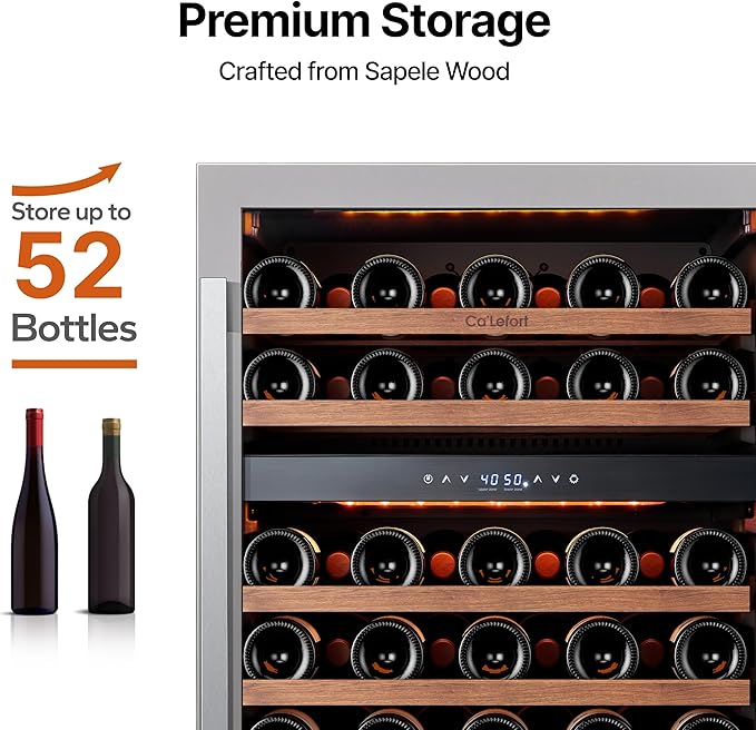 Ca'Lefort Wine Fridge & Cooler - 24 Inch 52 Bottle Wine Cooler Refrigerator, 40-65°F Dual Zone Wine Refrigerator Glass Door, 3 LED Built-in or Freestanding Fridge for Home/Bar/Kitchen (5.65 cu.ft)