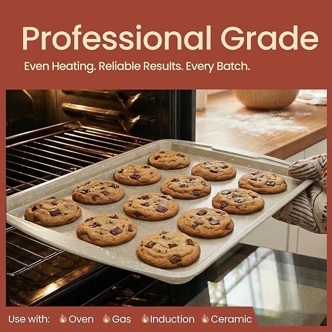 Bakken Swiss Cookie Sheet 3 Piece Set - Non-Stick, Stackable Baking Pans, White marble Deluxe Ceramic Coating – Dishwasher Safe - for Home Baking