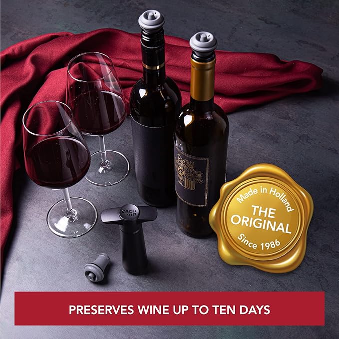 Vacu Vin Wine Saver Pump Black with 8 Vacuum Stopper Grey - Airtight Seal for Opened Bottles to Preserve the Freshness Up to 10 Days - Easy to Use Perfect for Every Occasion