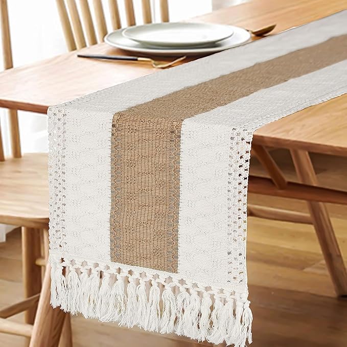 FEXIA Boho Table Runner with Tassels 60 Inches Long Christmas Thanksgiving Farmhouse Rustic Cream & Brown Macrame Table Runner for Home Dining Bedroom Bridal Shower Decor(12x60 Inches)