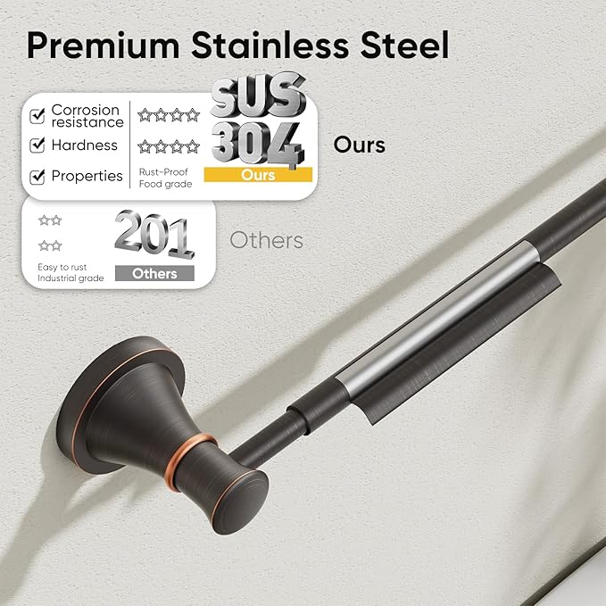 BESy Adjustable Bronze 16 to 26 Inch Bath Towel Bar Rack for Bathroom Towel Holder, Wall Mounted Towel Bar Rod Hanger Bathroom Hardware Accessories Hotel Style, Stainless Steel, Oil Rubbed Bronze
