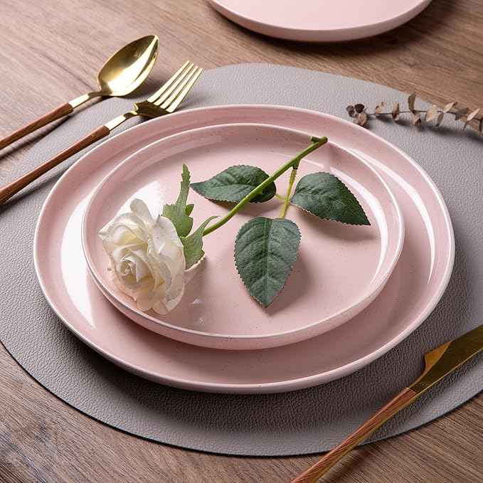 AmorArc Ceramic Dinnerware Sets for 4, 12 Pieces Handpainted Plates and Bowls Set with Rustic Terracotta Underside, Scratch Resistant Stoneware Dishes Set, Dishwasher & Microwave Safe, Cloud Pink