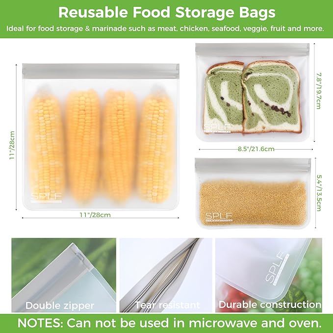 SPLF 12 Pack Dishwasher Safe Reusable Storage Bags(5 Reusable Sandwich 5 Snack 2 Gallon), Extra Thick Freezer Bags Leakproof Silicone and Plastic Free Food Lunch Bag