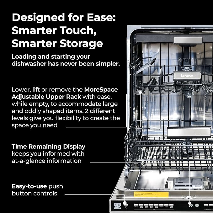 Kenmore 24" Built-In Dishwasher - Quiet Tub with TurboDry, Leak, & SmartWash Soil Detection - 15 Place Settings - 49 DBA - ENERGY STAR Certified - Fingerprint Resistant Stainless Steel