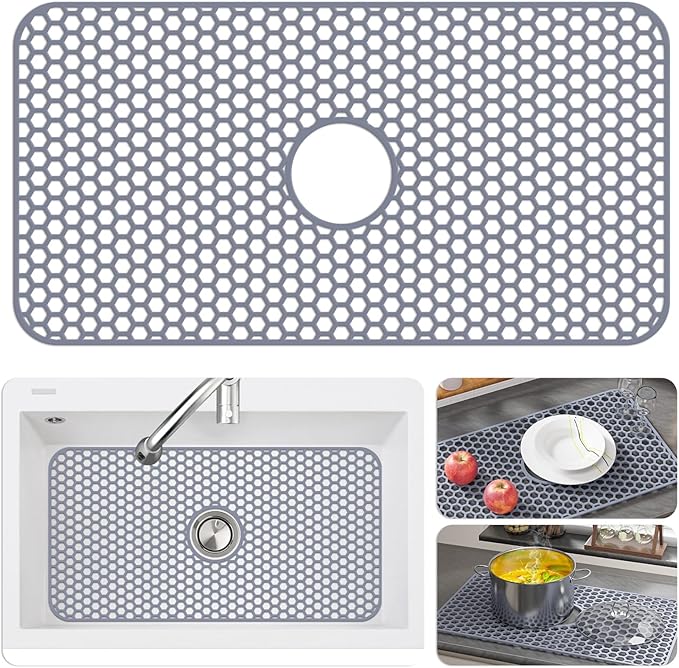Bestjing Silicone Sink Protectors for Kitchen Sink with Center Drain - 29.7"x 15.5" Kitchen Protector Accessory, Non-Slip Heat Resistan Mat for Bottom of Farmhouse Stainless Steel Porcelain (Gray)