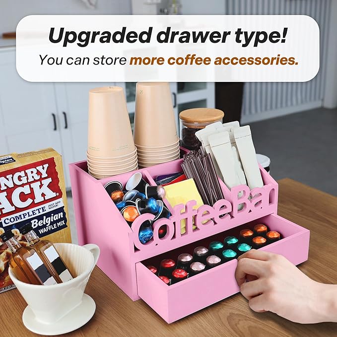 Coffee Bar Organizer for Countertop – Wooden Coffee Station, Tea and K Cup, Condiment Storage Rack, Coffee Pod Holder for Home and Office Counter Organization (Drawer - Pink)