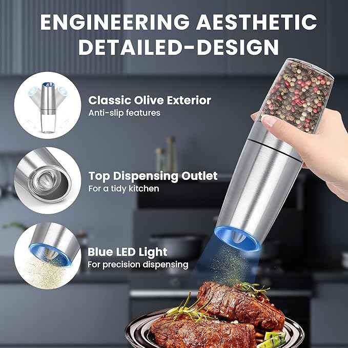 Gravity Electric Salt and Pepper Grinder set of 2, Automatic Salt And Pepper Grinder Set, Adjustable Roughness, Battery Powered, LED Light, 2 Pack, (Silver)