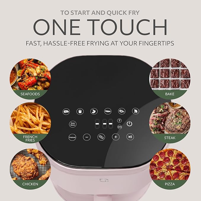 WILLOW Eco Series 6 in 1 Air Fryer with Glass Basket, 5 Quart Non Toxic Air Fryer w Digital Display, 430°F Max Temp, Preheat & Keep Warm Function, Compact + Dishwasher Safe Glass Pink Airfryer
