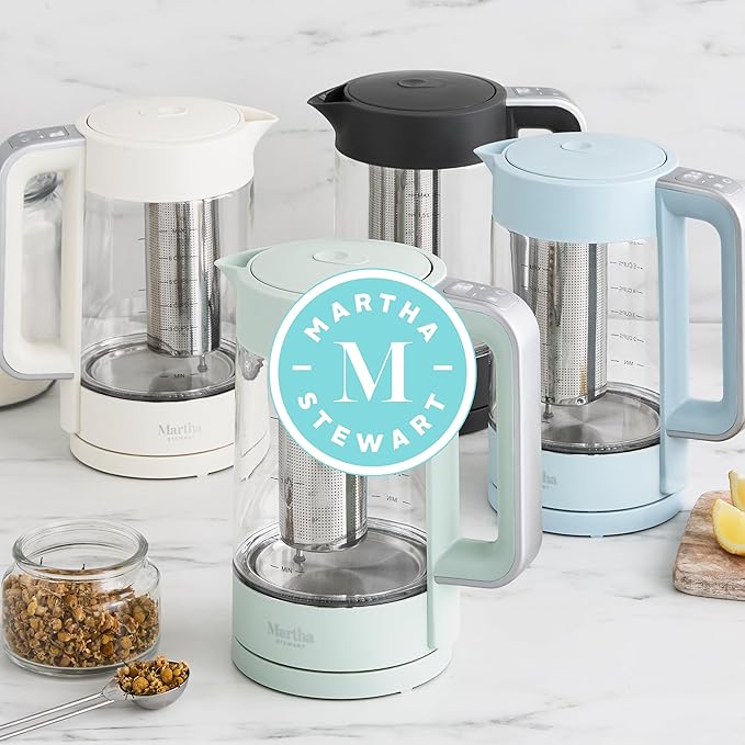 Martha Stewart Electric Kettle with Removable Stainless Steel Tea Infuser, Glass Carafe 1.7L (7 Cups), Hot Water Boiler, 4 Presets, Keep Warm & Auto Shut-Off, Cordless 360° Swivel Base, Honeydew Green