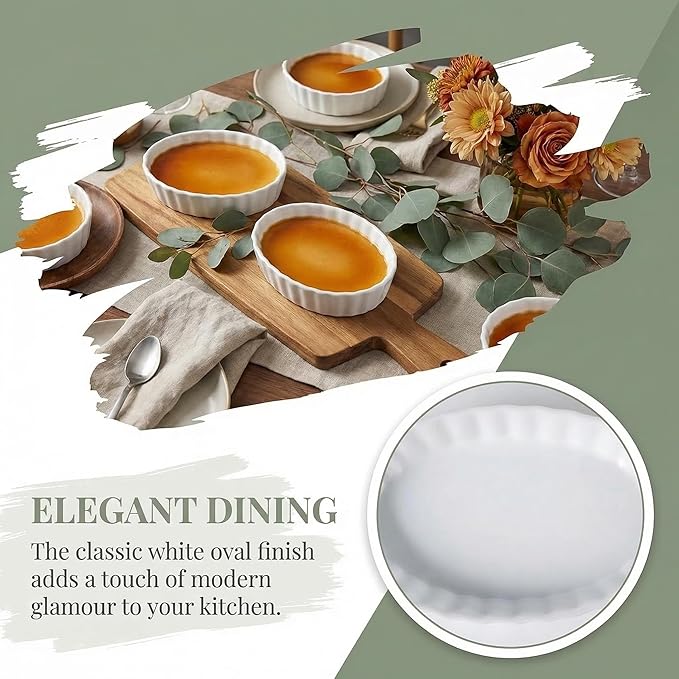 Creme Brulee Ramekins, 6 Pcs Oval Ceramic Baking Dishes 4 OZ, 5.2 Inch Oven Safe Baking Dishes for Souffle, Dessert, Baked Gratins, Prep Bowls for Ingredients, Dipping Sauces - Dishwasher Safe & Stackable