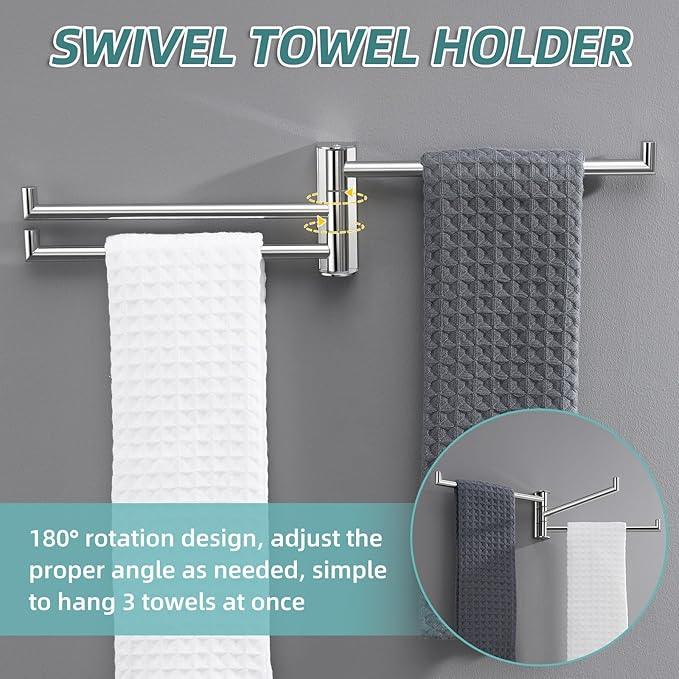 APLusee Polished Chrome Swivel Towel Bar, 304 Stainless Steel Foldable Towel Holder with 3 Arms, Wall Mounted