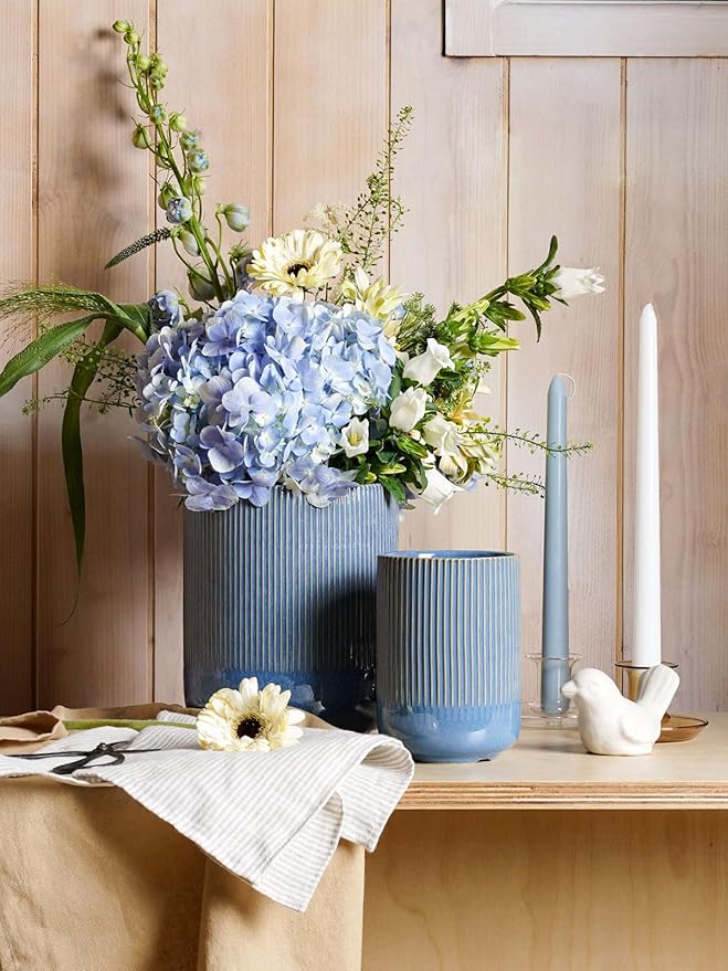 LE TAUCI Utensil Holder for Kitchen Counter, 7.3"+5.4" Fluted Ceramic Utensil Crock Organizer for Countertop, Heavy Large Holder for Spatulas, Spoons, Set of 2, Blue Marble