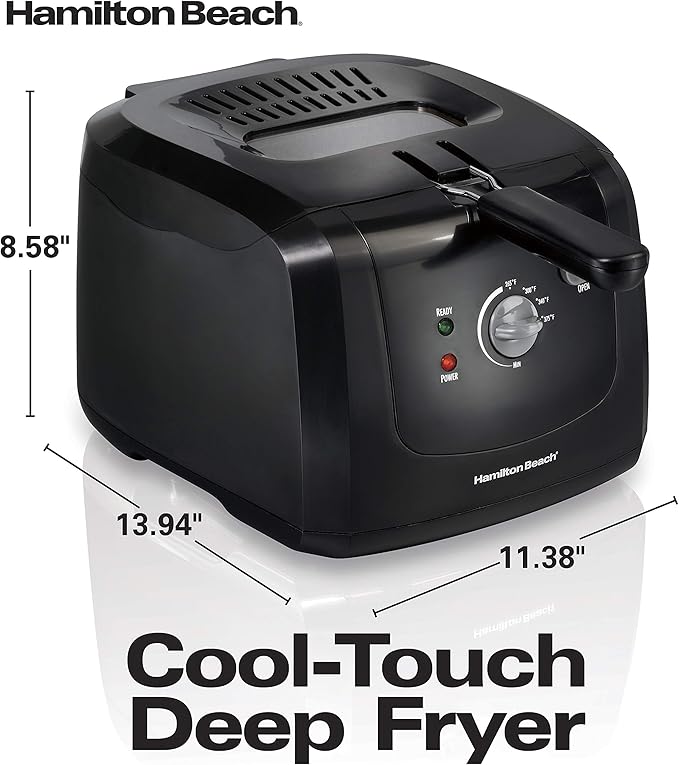 Hamilton Beach Cool Touch Electric Deep Fryer with Basket and Lid, 2 Liters / 8 Cups Oil Capacity, Adjustable Temperature, 1500 Watts for Fast Heat-up, viewing Window Easy to Clean, Black (35021)