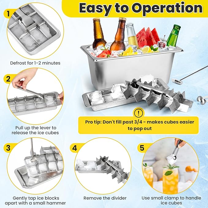 Stainless Steel Ice Cube Trays and Bucket, Metal Ice Cube Mold Trays for Freezer, Vintage Design with Release Lever Remove Handle for Making Large Cubes Kitchen Bar (Tweezers & Hammer)