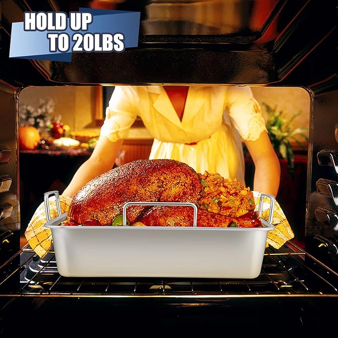 16" Roasting Pan with Rack, 7 PCS P&P CHEF Stainless Steel Turkey Roaster Lasagna Pan with Cooling Flat & V-shaped Baking Rack, Grilling Chicken Holder, Meat Shredding Claws, Dishwasher & Oven Safe