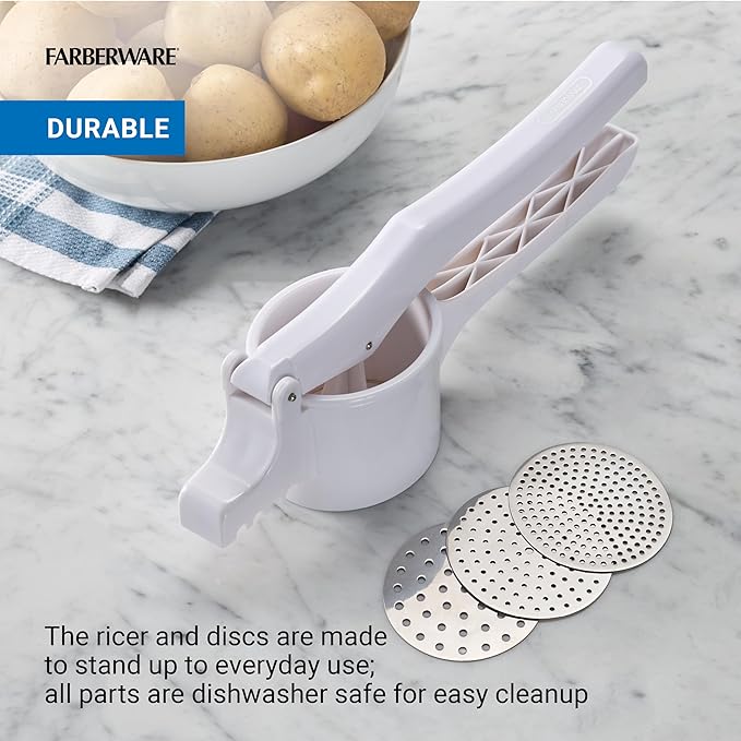 Farberware Professional Potato Ricer, 3 Interchangable Stainless Steel Ricing Disc Sizes, Large Capacity Ricer