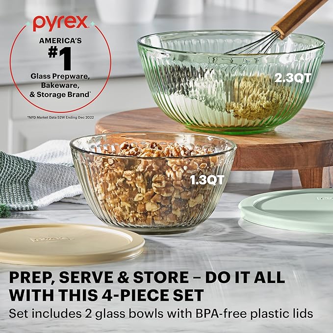Pyrex Colors (2-Pack) Sculpted Tinted Small/Medium Glass Mixing Bowls With Plastic Lids, Nesting Space Saving Set of Bowls For Prepping and Baking, 1.3QT & 2.3QT